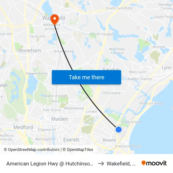 American Legion Hwy @ Hutchinson St to Wakefield, MA map