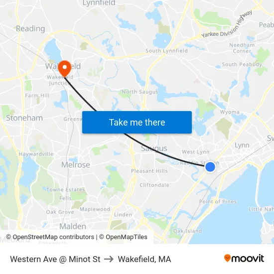 Western Ave @ Minot St to Wakefield, MA map