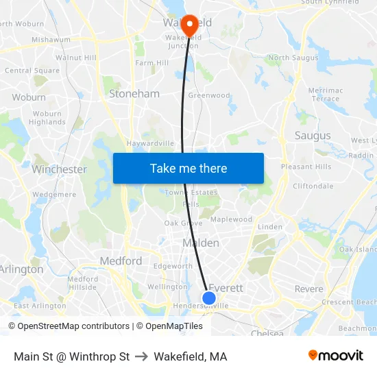Main St @ Winthrop St to Wakefield, MA map