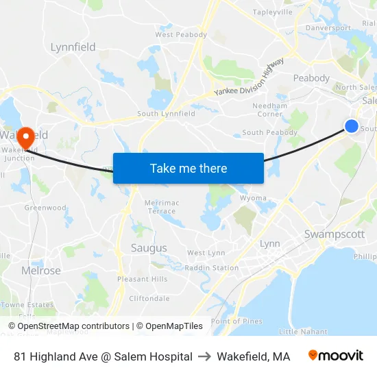 81 Highland Ave @ Salem Hospital to Wakefield, MA map