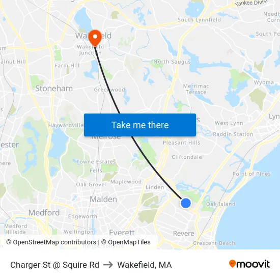 Charger St @ Squire Rd to Wakefield, MA map