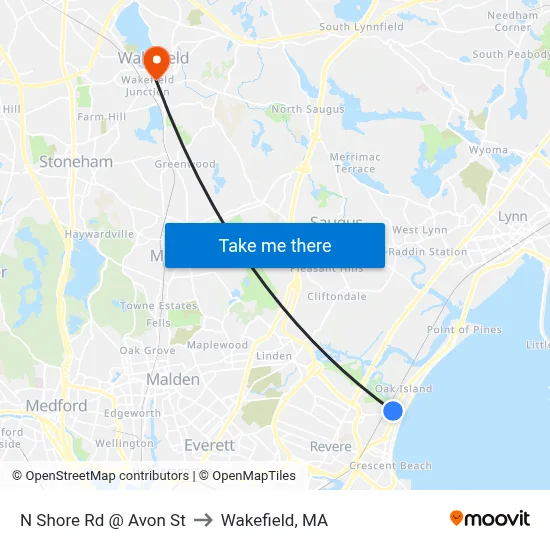 N Shore Rd @ Avon St to Wakefield, MA map