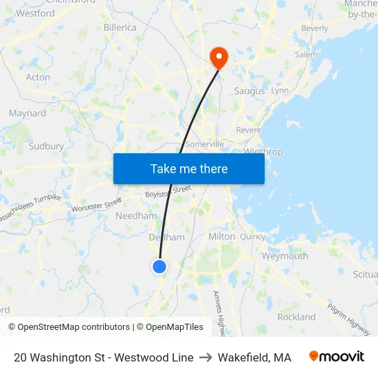 20 Washington St - Westwood Line to Wakefield, MA map