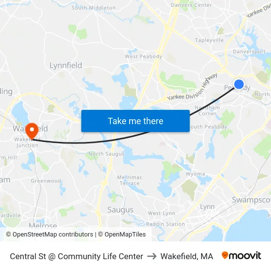 Central St @ Community Life Center to Wakefield, MA map