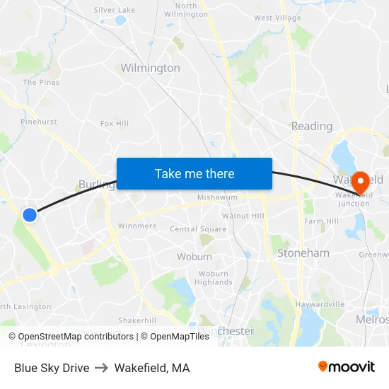 Blue Sky Drive to Wakefield, MA map