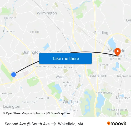 Second Ave @ South Ave to Wakefield, MA map