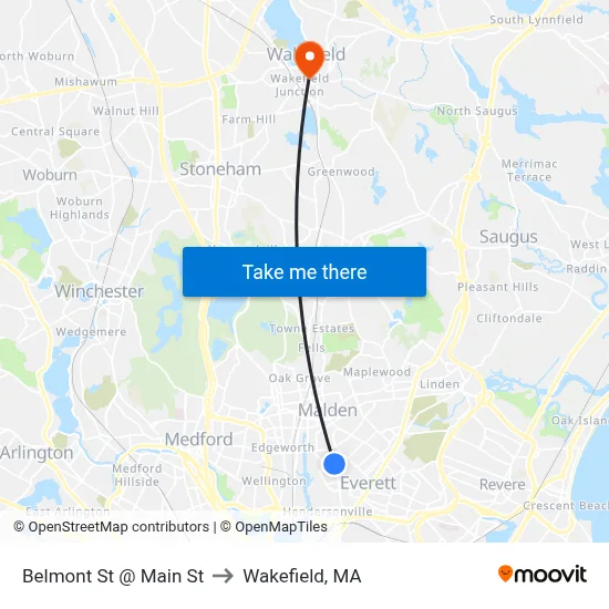 Belmont St @ Main St to Wakefield, MA map