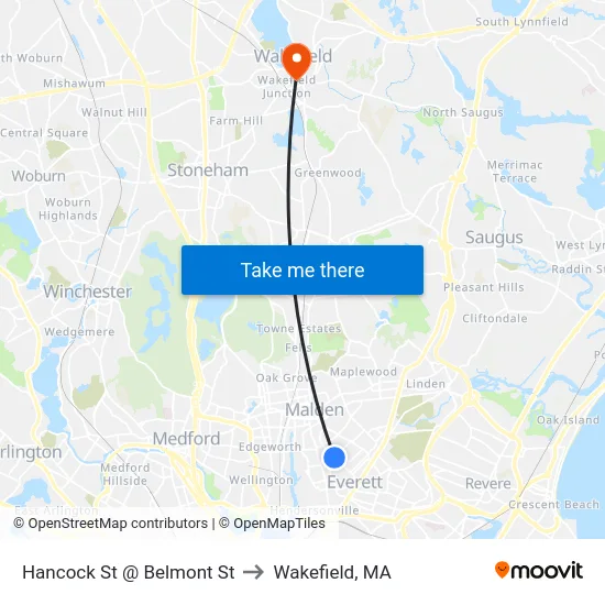 Hancock St @ Belmont St to Wakefield, MA map