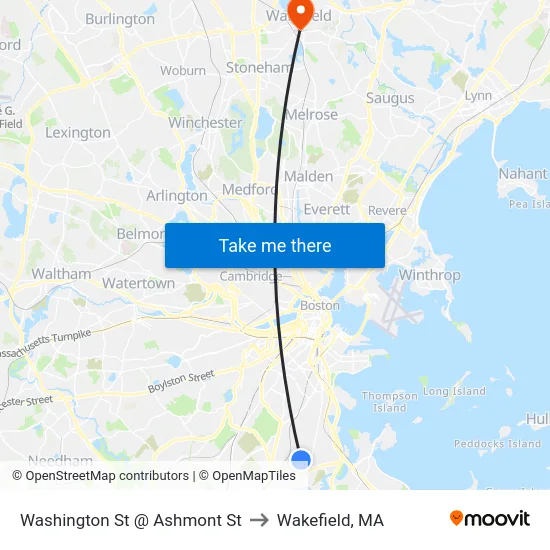Washington St @ Ashmont St to Wakefield, MA map