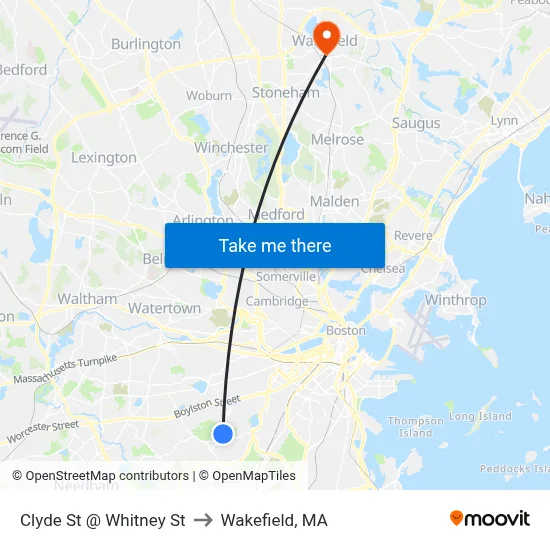 Clyde St @ Whitney St to Wakefield, MA map