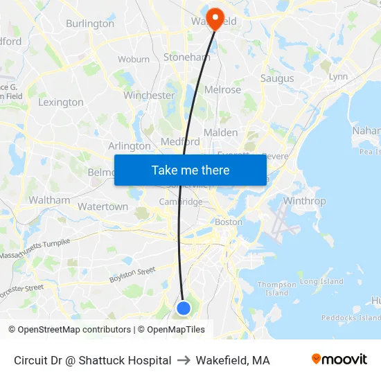 Circuit Dr @ Shattuck Hospital to Wakefield, MA map