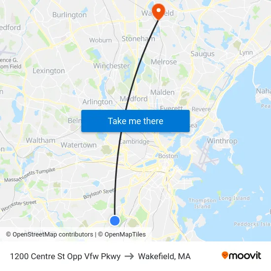 1200 Centre St Opp Vfw Pkwy to Wakefield, MA map