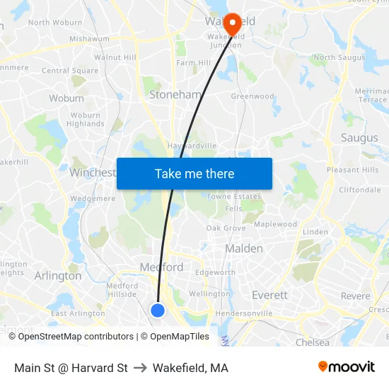Main St @ Harvard St to Wakefield, MA map