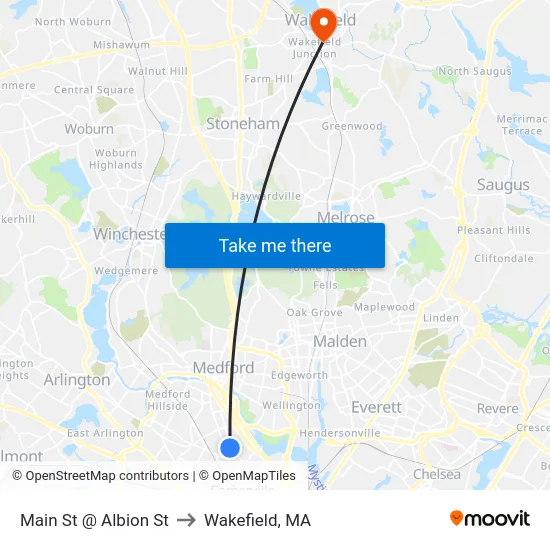 Main St @ Albion St to Wakefield, MA map
