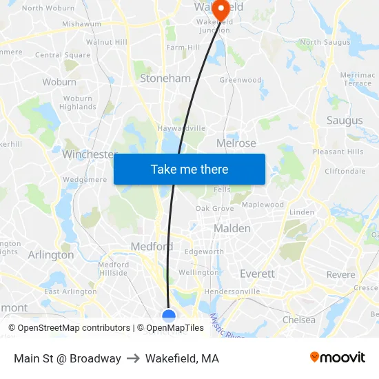 Main St @ Broadway to Wakefield, MA map