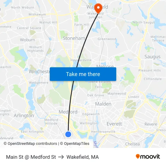 Main St @ Medford St to Wakefield, MA map