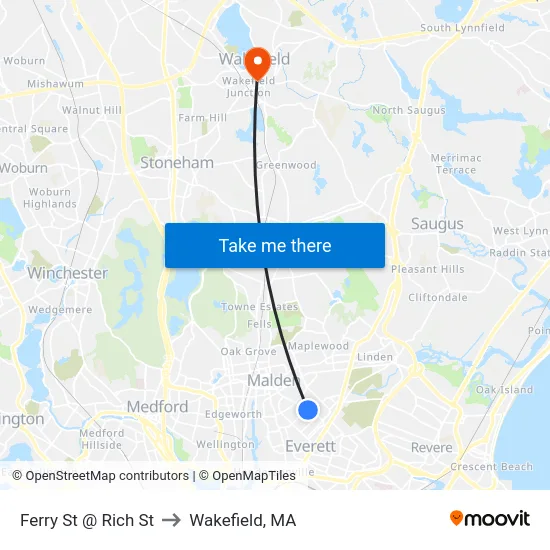 Ferry St @ Rich St to Wakefield, MA map