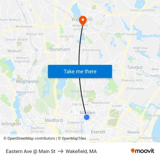 Eastern Ave @ Main St to Wakefield, MA map