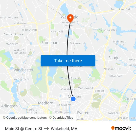 Main St @ Centre St to Wakefield, MA map