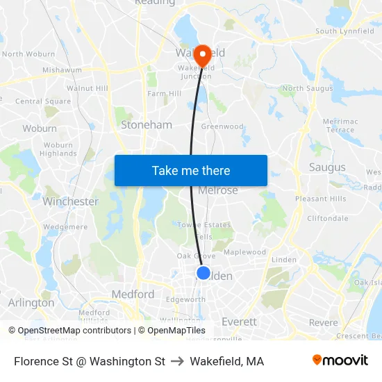 Florence St @ Washington St to Wakefield, MA map