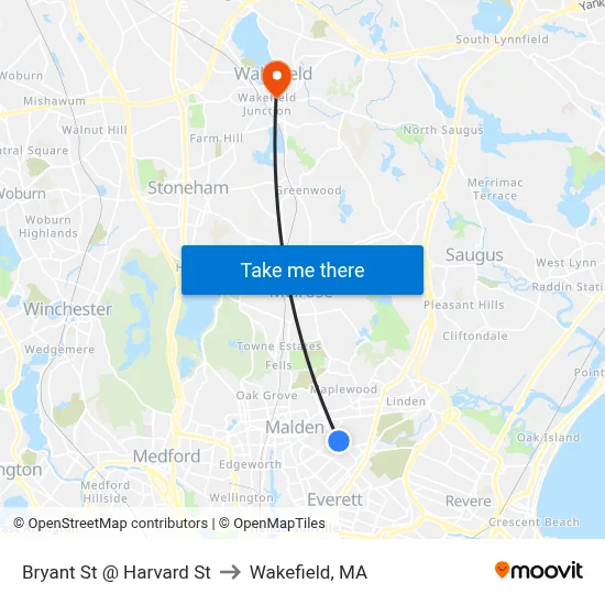 Bryant St @ Harvard St to Wakefield, MA map