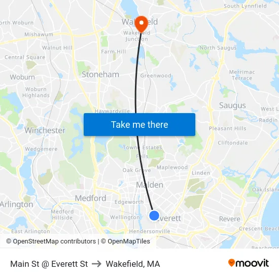 Main St @ Everett St to Wakefield, MA map
