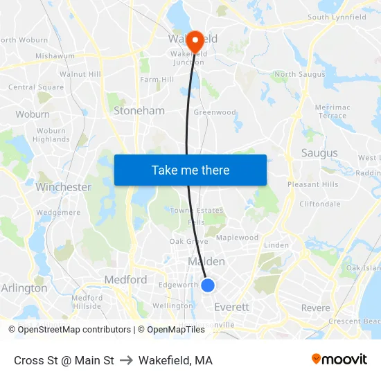 Cross St @ Main St to Wakefield, MA map