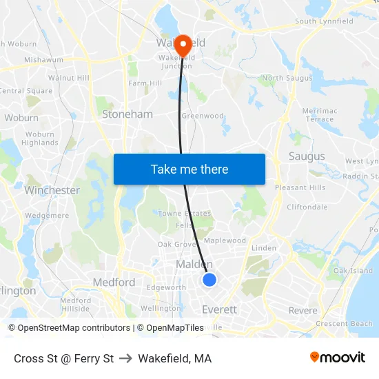 Cross St @ Ferry St to Wakefield, MA map