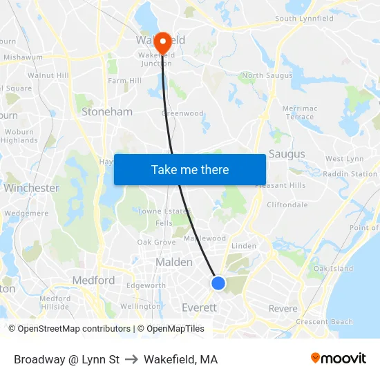 Broadway @ Lynn St to Wakefield, MA map