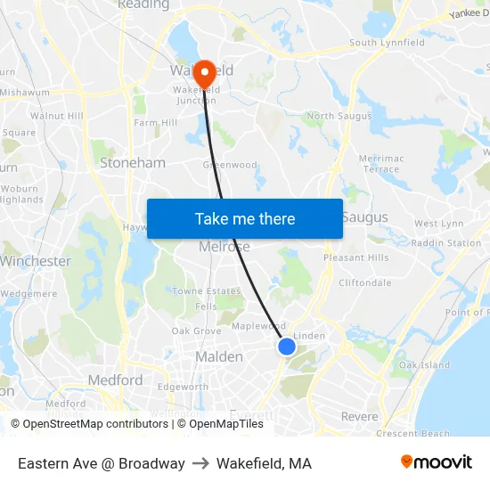 Eastern Ave @ Broadway to Wakefield, MA map