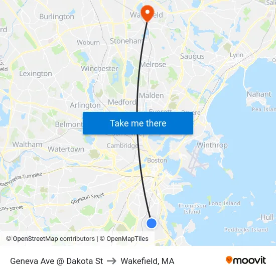 Geneva Ave @ Dakota St to Wakefield, MA map
