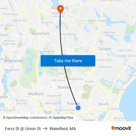 Ferry St @ Union St to Wakefield, MA map