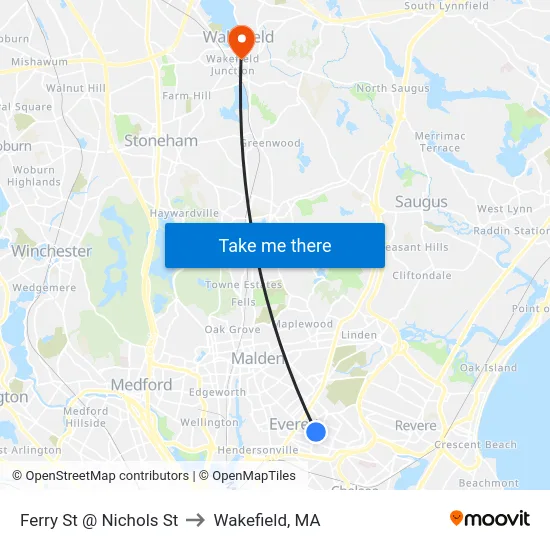Ferry St @ Nichols St to Wakefield, MA map