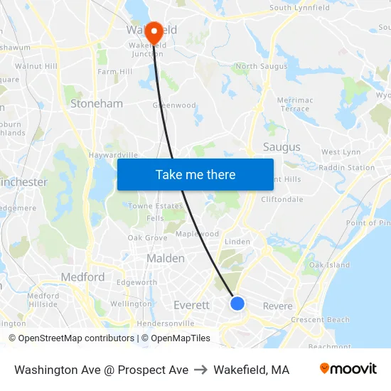 Washington Ave @ Prospect Ave to Wakefield, MA map