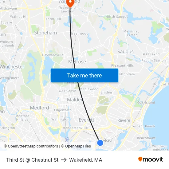 Third St @ Chestnut St to Wakefield, MA map