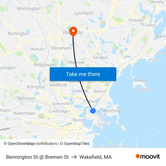 Bennington St @ Bremen St to Wakefield, MA map
