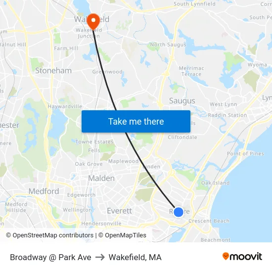 Broadway @ Park Ave to Wakefield, MA map