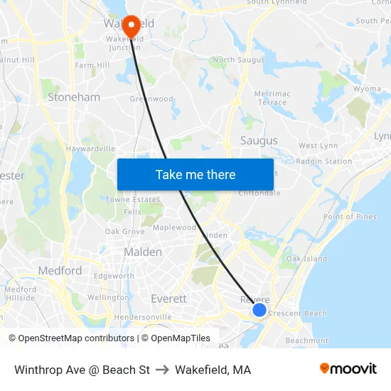 Winthrop Ave @ Beach St to Wakefield, MA map