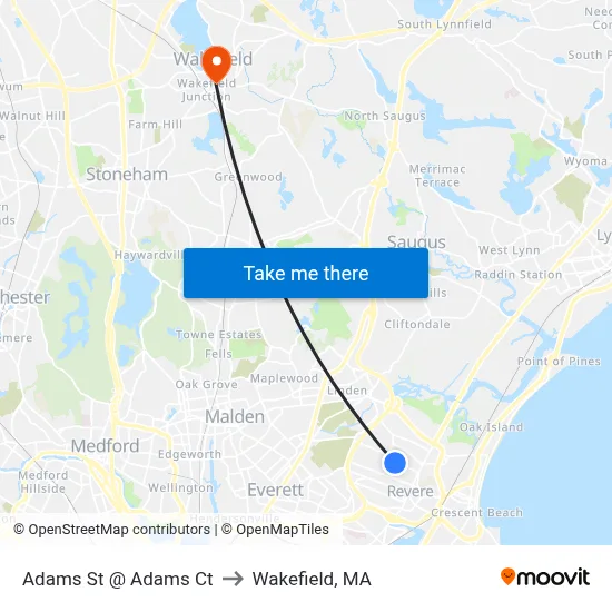 Adams St @ Adams Ct to Wakefield, MA map