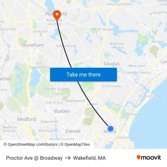 Proctor Ave @ Broadway to Wakefield, MA map