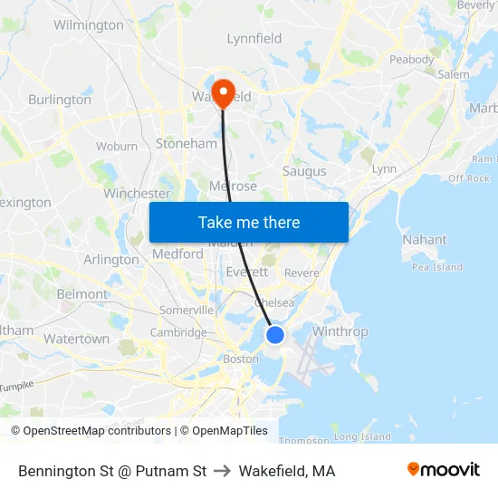 Bennington St @ Putnam St to Wakefield, MA map