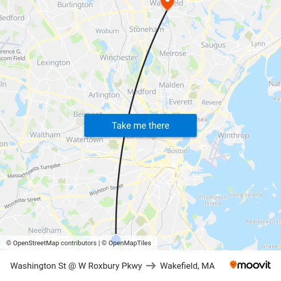 Washington St @ W Roxbury Pkwy to Wakefield, MA map