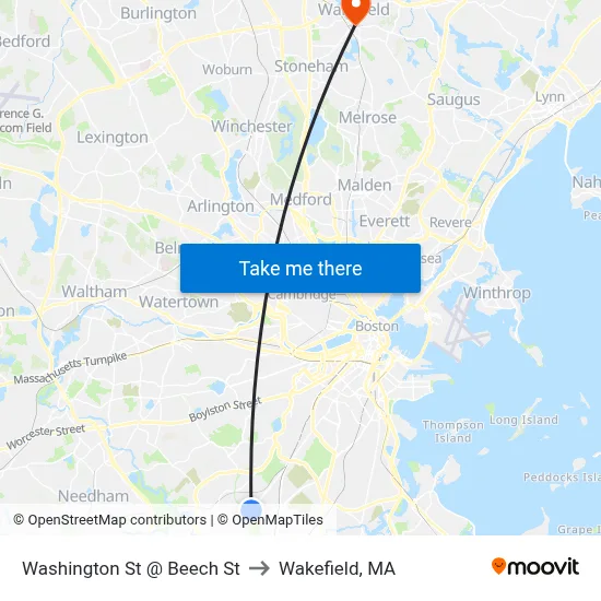 Washington St @ Beech St to Wakefield, MA map