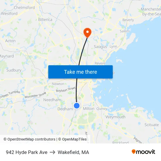942 Hyde Park Ave to Wakefield, MA map
