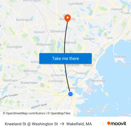 Kneeland St @ Washington St to Wakefield, MA map