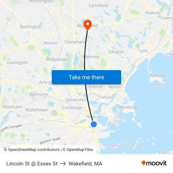 Lincoln St @ Essex St to Wakefield, MA map