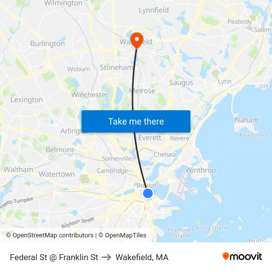 Federal St @ Franklin St to Wakefield, MA map