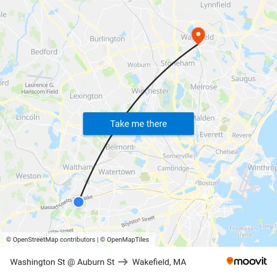 Washington St @ Auburn St to Wakefield, MA map