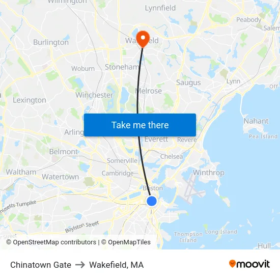 Chinatown Gate to Wakefield, MA map