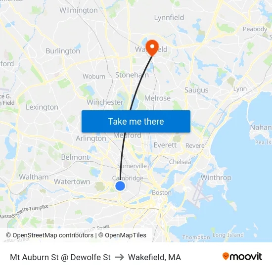 Mt Auburn St @ Dewolfe St to Wakefield, MA map
